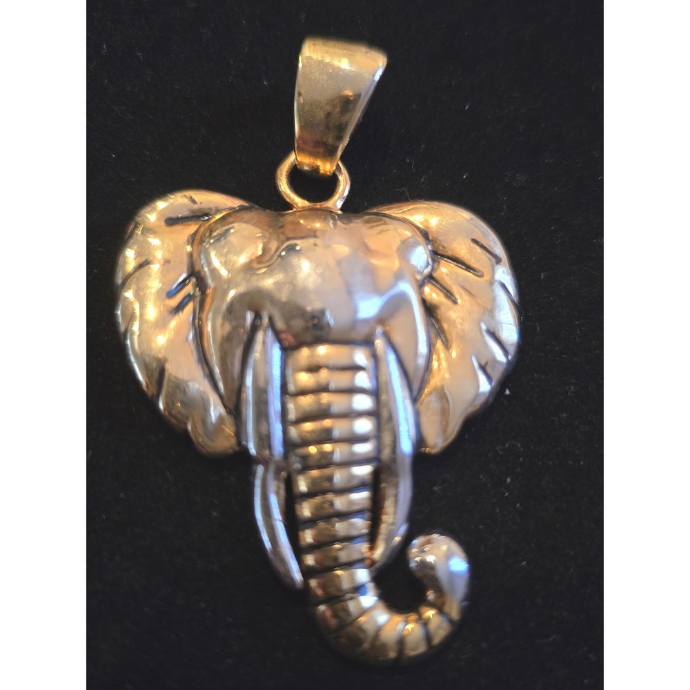 Vintage Gold-Tone African Elephant Head Pendant‎ - Detailed Trunk & Tusks